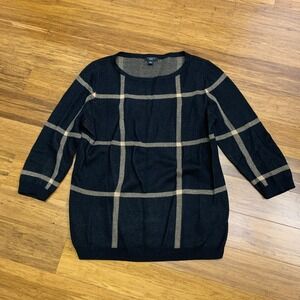 Ann Taylor Sweater‎ Womens Size Medium Petite Plaid 3/4 Sleeve Cotton Top Black